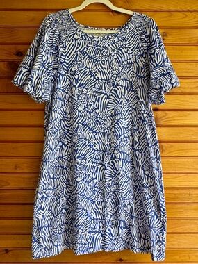Lilly Pulitzer Rosen Dress XL Martinique Blue Zee Bebe Zebra Bubble Sleeve